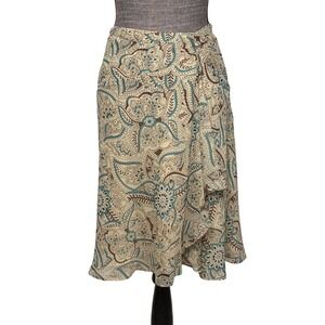 Y2K LOFT Skirt Womens Sz 8 Beige 100% Silk Paisley Ruffle Fairy Festival Flowy